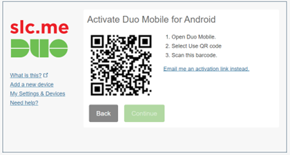 Duo setup screen shows how to access QR code
